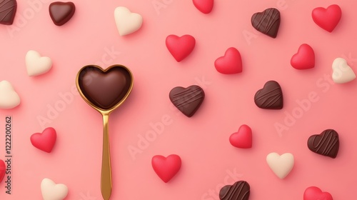 Heart-Shaped Chocolate Candies on Pink Background with Golden Spoon and Various Sweet Treats