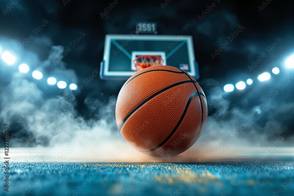 Obraz premium Basketball on a court with a hoop in the background and dramatic lighting.