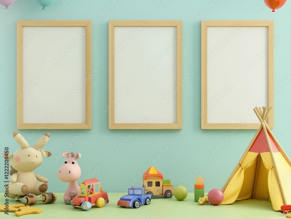 Three blank frames in a child's room with toys. Three blank frames in a child's room with toys.