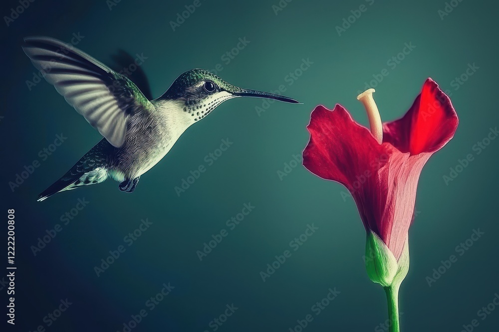 Fototapeta premium Hummingbird in Flight A hummingbird mid-flight, sipping nectar from a vibrant red flower. 