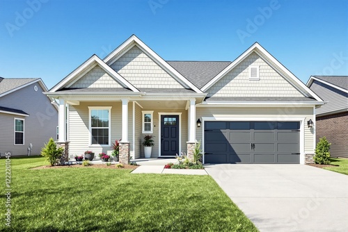 Modern suburban house with a landscaped front yard and driveway under clear blue sky.
