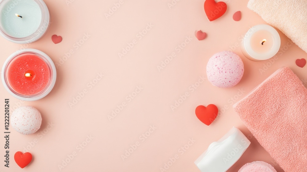 Romantic Spa Setting with Candles, Towels, and Heart-Shaped Decorations for Relaxation and Pampering Experience Romantic Spa Setting with Candles, Towels, and Heart-Shaped Decorations for Relaxation and Pampering Experience