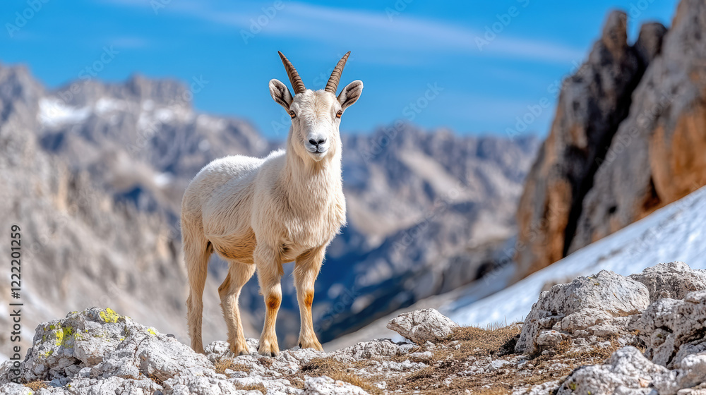 Obraz premium majestic ibex standing on rocky terrain with snow capped mountains in background
