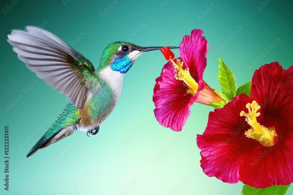 Obraz premium Hummingbird in Flight A hummingbird mid-flight, sipping nectar from a vibrant red flower. 