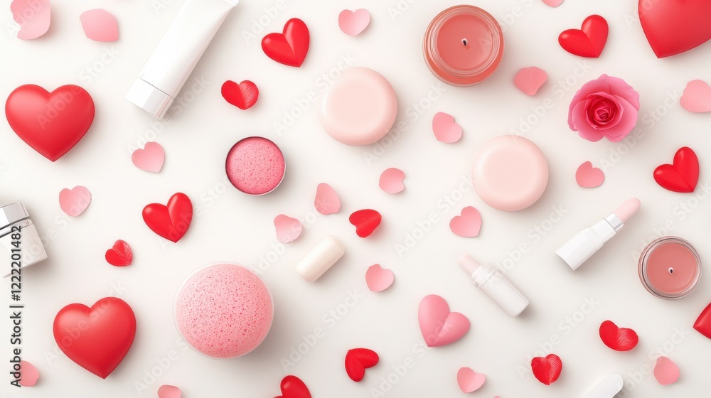 Romantic Beauty Composition with Skincare Products, Hearts, and Floral Accents for Love-Themed Projects Romantic Beauty Composition with Skincare Products, Hearts, and Floral Accents for Love-Themed Projects