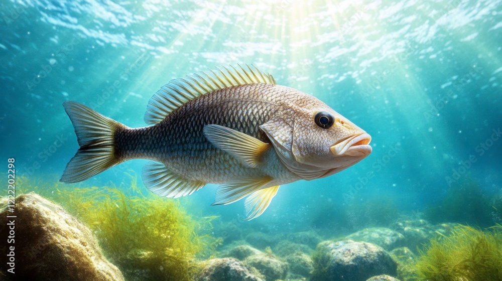 Naklejka premium A beautiful snapper fish, highlighted by the sunlight filtering through the water, swimming near a rocky seabed.