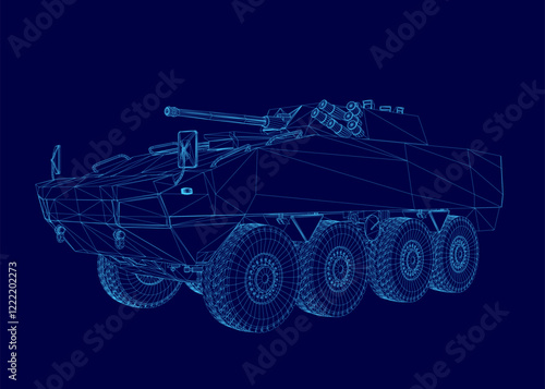 Blue drawing of a tank with a large gun on top. The tank is shown in a stylized way, with a lot of detail and a sense of depth. Scene is one of strength and power