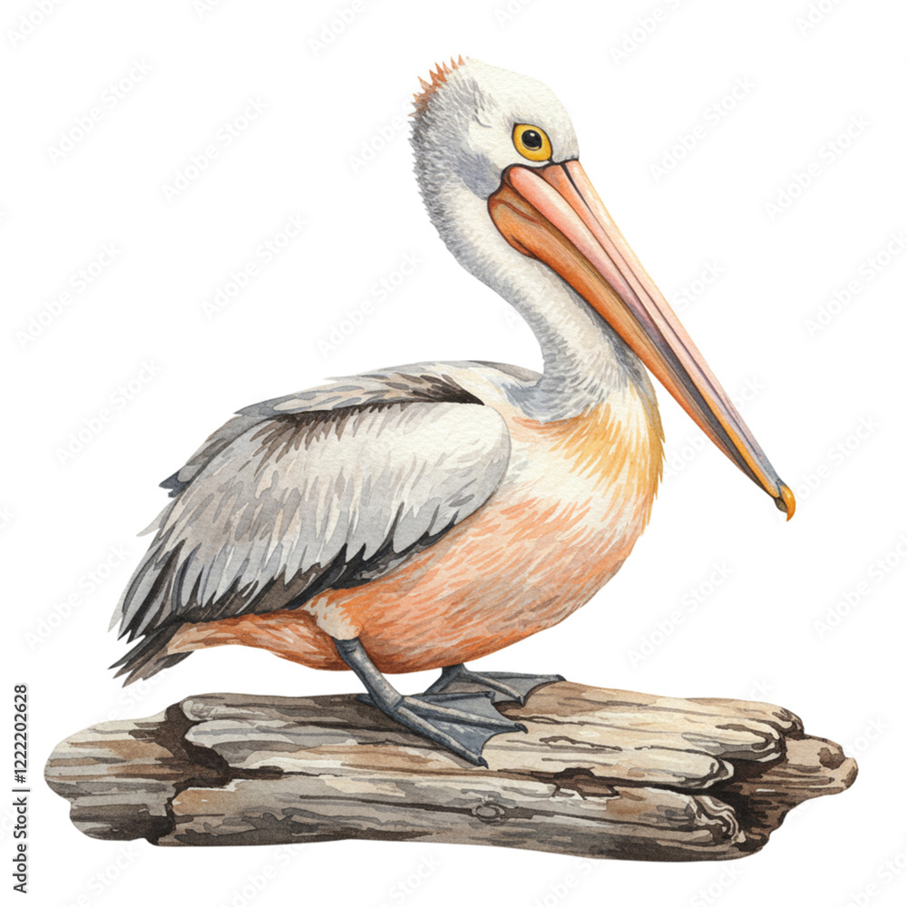 Obraz premium Watercolor Pelican Bird on Driftwood Log Wildlife Art Nature Painting Beak Wing Ocean Avian Fauna 