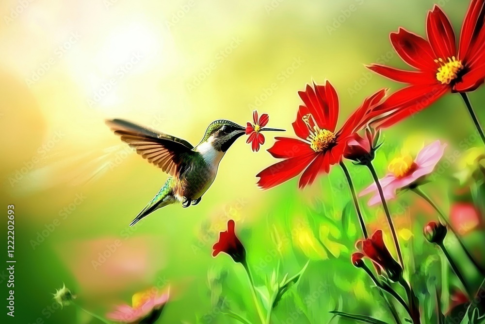 Naklejka premium Hummingbird in Flight A hummingbird mid-flight, sipping nectar from a vibrant red flower. 