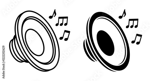 Linear icon, isometric music speakers with notes flying out. Listening to music and melodies on professional audio equipment. Simple black and white top view vector isolated on white background
