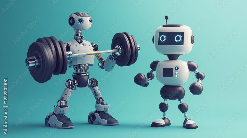 Robot train with dumbbell, cute chatbot with sport equipment pumping muscles on white background. Ai technology, cyborg sports assistant artificial intelligence mechanism. Cartoon vector illustration Robot train with dumbbell, cute chatbot with sport equipment pumping muscles on white background. Ai technology, cyborg sports assistant artificial intelligence mechanism. Cartoon vector illustration