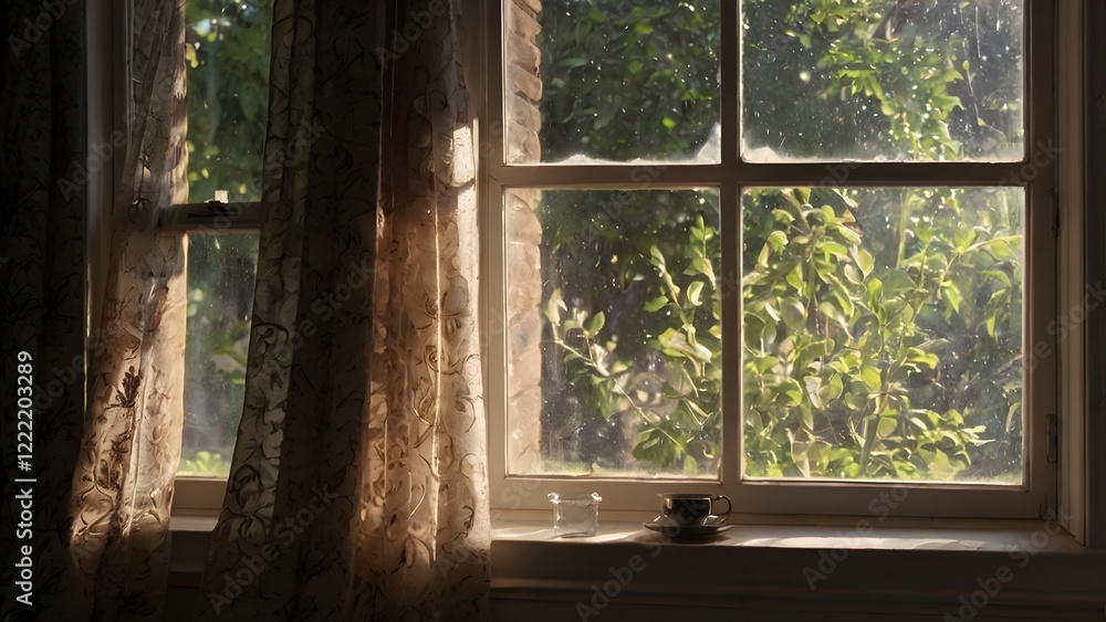 The atmosphere of a photo taken out by a window with light shining in.
