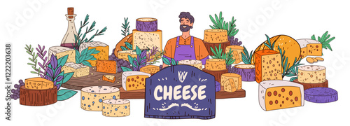 Cheese selection with smiling man showcasing various cheeses herbs and grapes in vibrant colors. Perfect for food-related designs