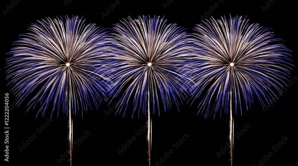 Three vibrant purple and gold fireworks bursts against a black background. Three vibrant purple and gold fireworks bursts against a black background.
