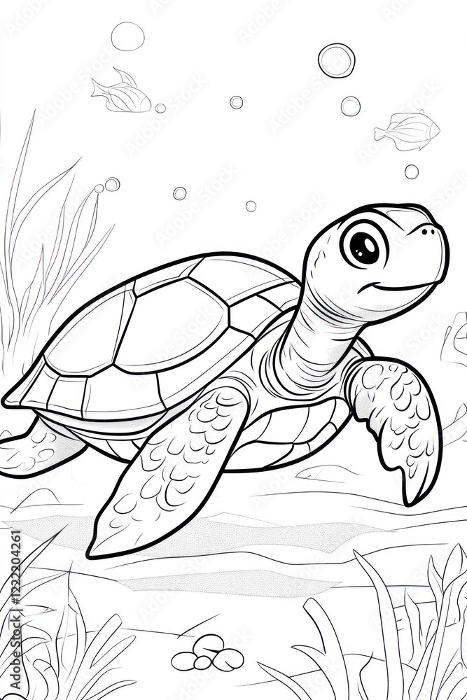 Fototapeta premium A cartoon turtle swimming in the ocean, with seaweed and bubbles around it.