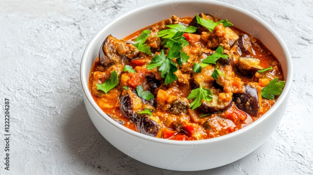 Aromatic Eggplant Curry in a White Bowl Aromatic Eggplant Curry in a White Bowl