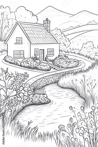 Wallpaper Mural A charming cottage nestled amidst lush greenery and a winding river. Torontodigital.ca