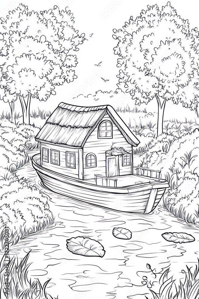 Naklejka premium A charming houseboat with thatched roof sits on a peaceful river surrounded by lush vegetation and lily pads.