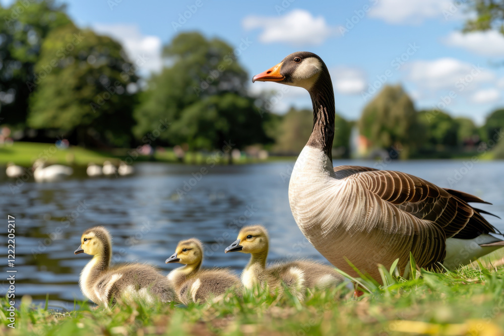 A mother goose watches over her three fluffy goslings on a grassy lakeshore. The calm water, lush greenery, and blue sky create a serene and peaceful nature scene.
A mother goose watches over her three fluffy goslings on a grassy lakeshore. The calm water, lush greenery, and blue sky create a serene and peaceful nature scene.