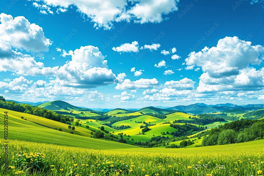 Fototapeta premium Vibrant green hills and blue sky with white fluffy clouds.
