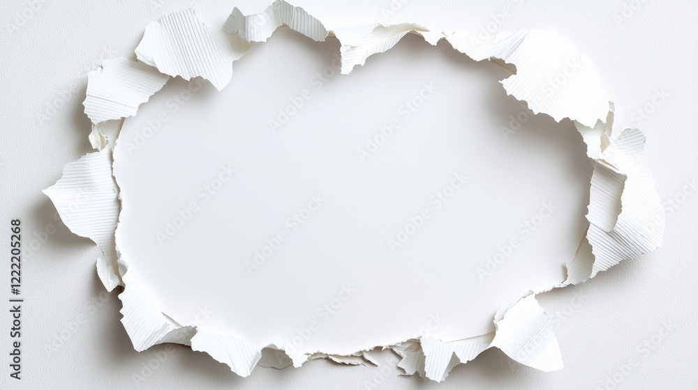 Fototapeta premium Torn hole in a white sheet of paper revealing a blank background with copy space.