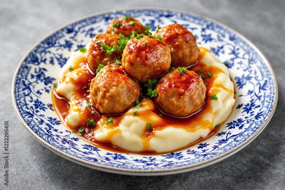 Delicious meatballs served over creamy mashed potatoes with gravy in a decorative blue and white plate. Delicious meatballs served over creamy mashed potatoes with gravy in a decorative blue and white plate.