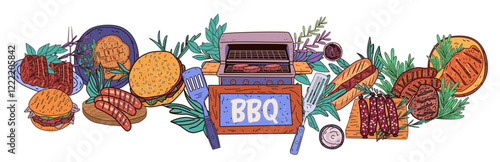 BBQ food grill illustration burgers sausages steaks vegetables colorful arrangement barbecue theme cooking utensils herbs outdoor dining