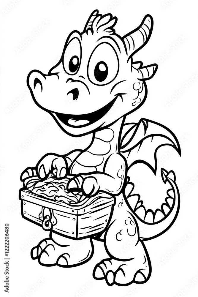 A cute cartoon dragon holding a treasure chest with a big smile. A cute cartoon dragon holding a treasure chest with a big smile.