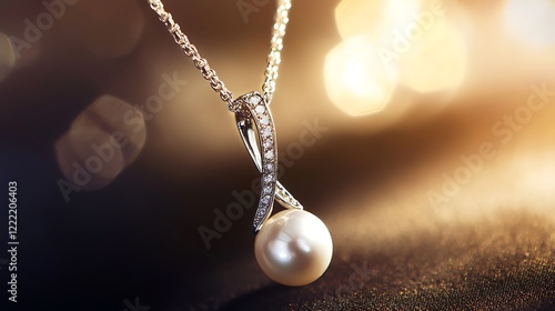 A pearl necklace with a diamond pendant is displayed on a black background