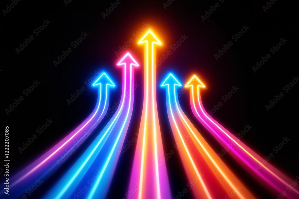 Neon glowing arrows pointing upward with vibrant colors on a black background. Neon glowing arrows pointing upward with vibrant colors on a black background.