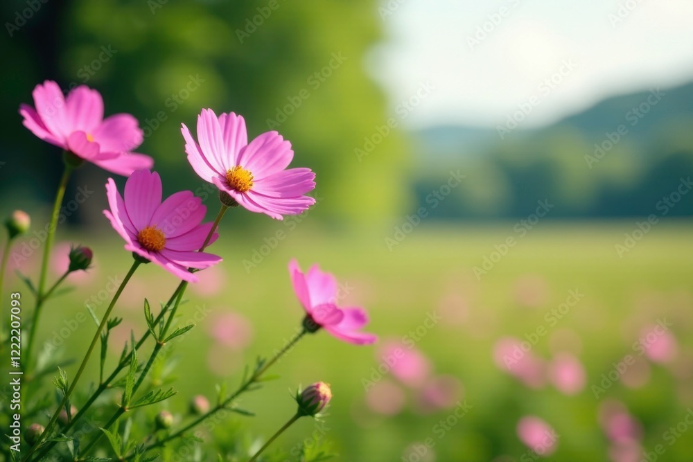 pink cosmos flowers swaying in the breeze amidst a lush green landscape, branches, serene pink cosmos flowers swaying in the breeze amidst a lush green landscape, branches, serene