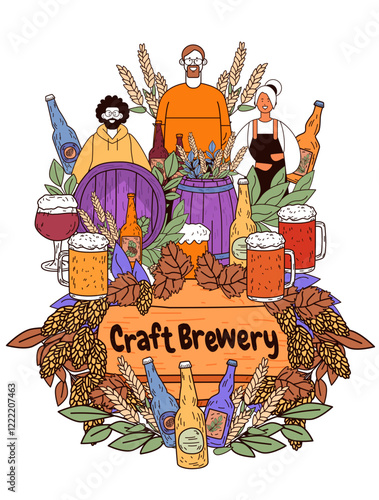 Craft brewery beer production people hops barrels. Three diverse characters surrounded by beer bottles mugs hops leaves wheat in colorful design. Perfect for brewery branding