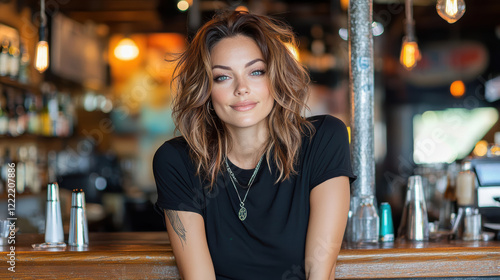 Wallpaper Mural confident woman with tousled hair smiling at bar Torontodigital.ca