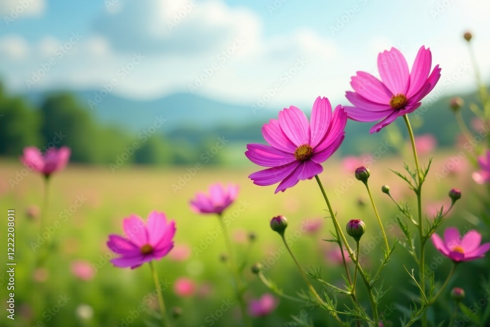 pink cosmos flowers swaying in the breeze amidst a lush green landscape, flowers, foliage, cosmos pink cosmos flowers swaying in the breeze amidst a lush green landscape, flowers, foliage, cosmos