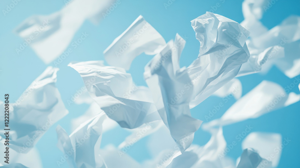 Flying white paper sheets from stack of documents. Vector realistic illustration of chaotic flight of blank note pages on wind on blue background. Office paperworks concept Flying white paper sheets from stack of documents. Vector realistic illustration of chaotic flight of blank note pages on wind on blue background. Office paperworks concept