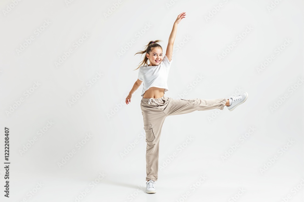 Fototapeta premium Cheerful young girl dancing in stylish outfit on light background.