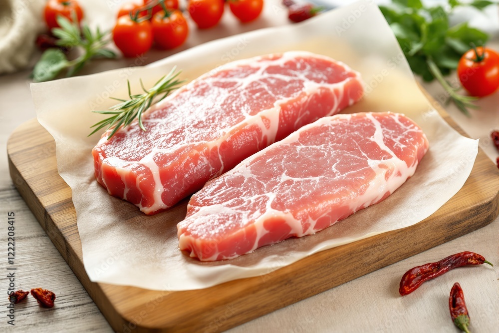Fresh marbled pork steaks on parchment paper with rosemary garnish, surrounded by cherry tomatoes and herbs on wooden board.