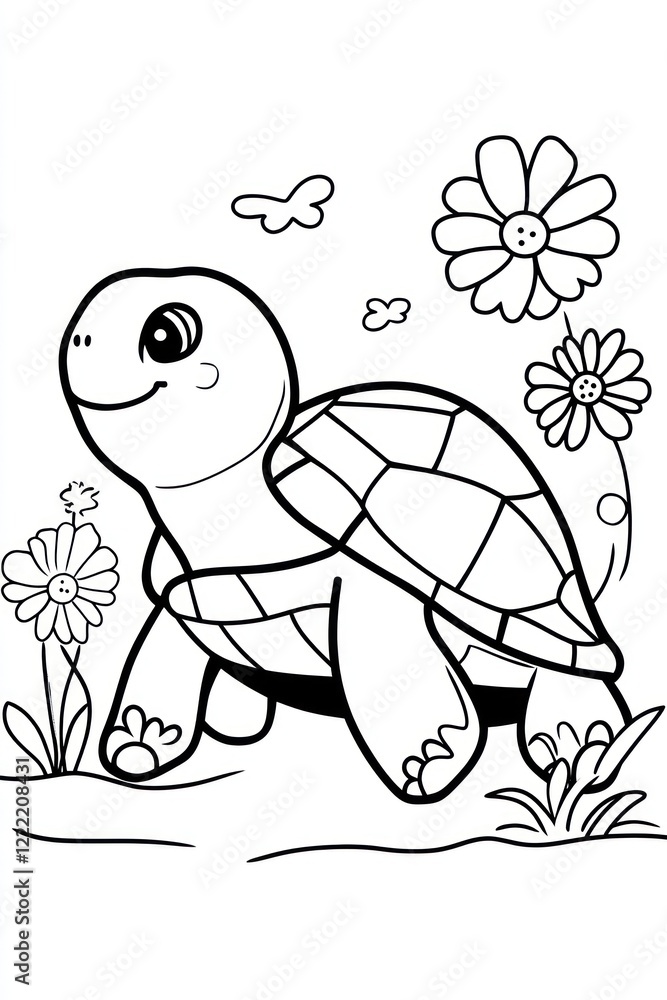 Obraz premium A cute cartoon turtle walking amongst flowers.