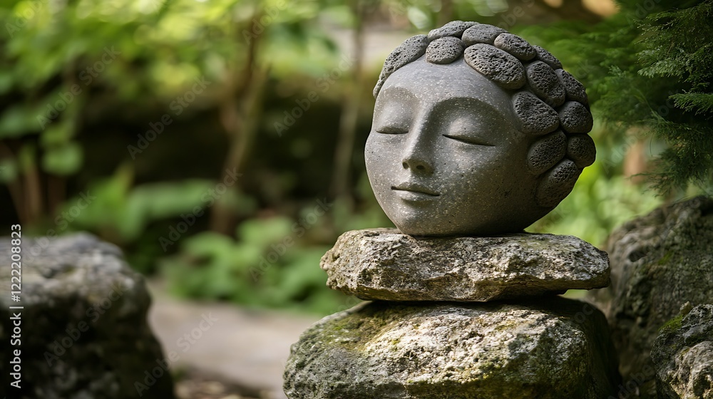 Stone head sculpture is situated on a pile of stones in the middle of a lush green garden for the Concept of artistic beauty of handmade craftsmanship or evoking peaceful tranquility. Stone head sculpture is situated on a pile of stones in the middle of a lush green garden for the Concept of artistic beauty of handmade craftsmanship or evoking peaceful tranquility.