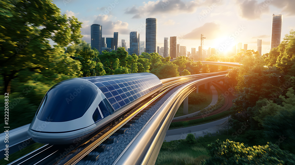 Fototapeta premium Innovative solar-powered rail systems transforming urban mobility in modern cities futuristic transport solutions eco-friendly infrastructure