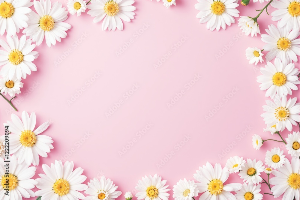 Floral daisies border on pastel pink background for copyspace and design layout. Floral daisies border on pastel pink background for copyspace and design layout.
