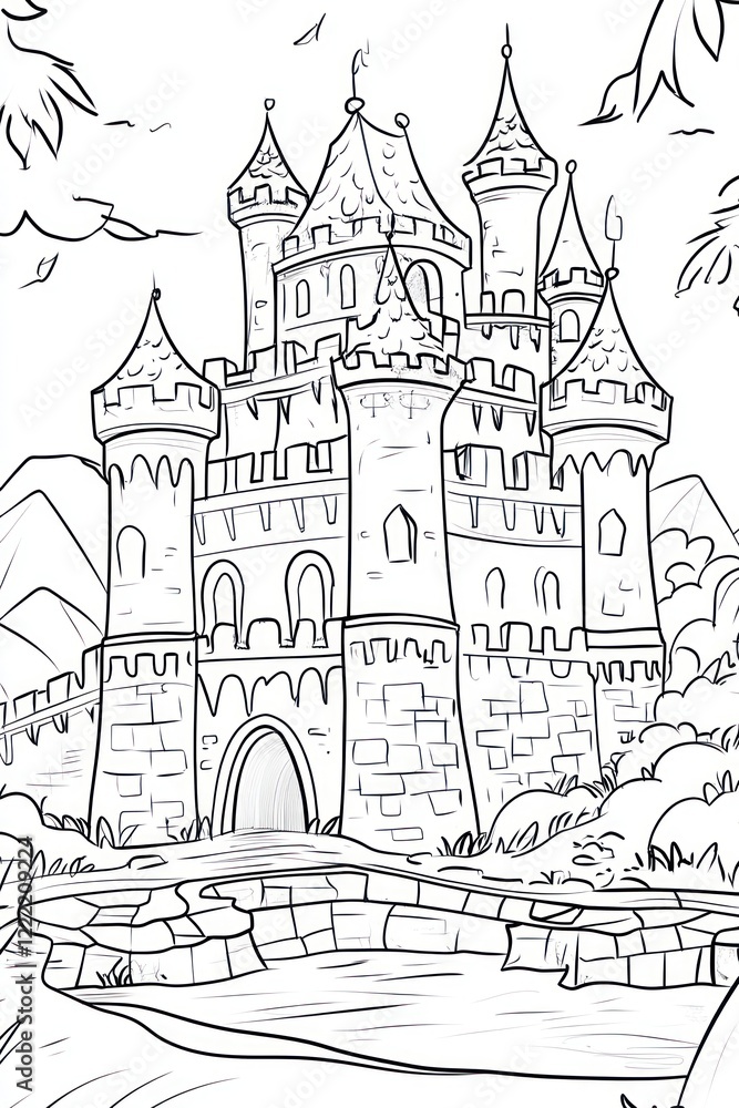 A detailed illustration of a fairytale castle with a drawbridge, towers, and a moat. A detailed illustration of a fairytale castle with a drawbridge, towers, and a moat.