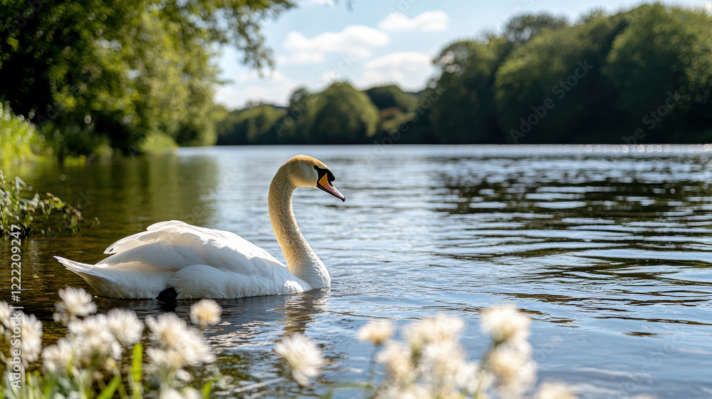 Fototapeta premium swan gliding gracefully on tranquil river, surrounded by nature beauty
