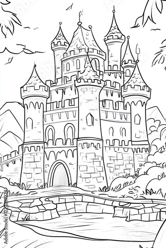 Wallpaper Mural A detailed illustration of a fairytale castle with a drawbridge, towers, and a moat. Torontodigital.ca