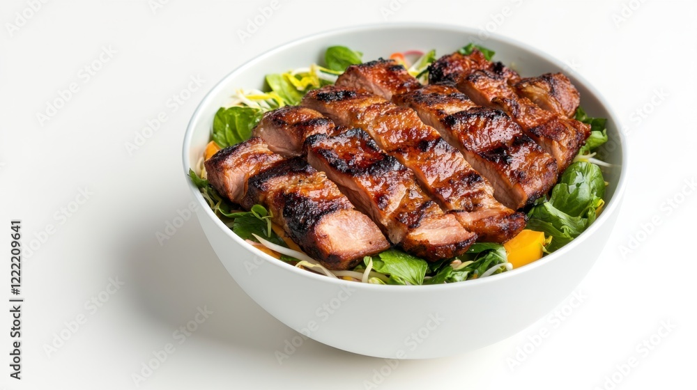 Fototapeta premium Grilled Pork Salad with Mango and Mixed Greens in a White Bowl