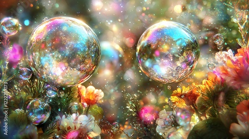 Fototapeta Naklejka Na Ścianę i Meble -  Sparkling Rainbow Bubbles Floating Amidst Vibrant Flowers and Shimmering Lights