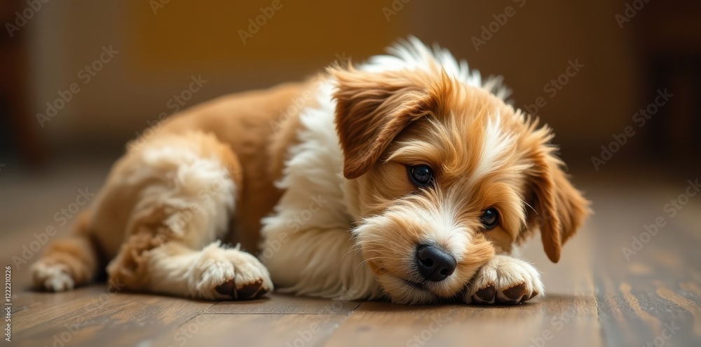 Brown and white Irish soft coated wheaten terrier curled up in a ball, white, brown, furball Brown and white Irish soft coated wheaten terrier curled up in a ball, white, brown, furball