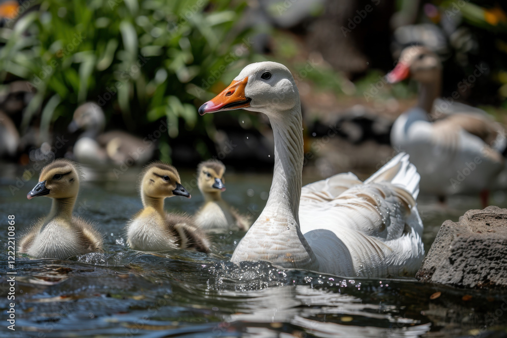 A beautiful white goose with an orange beak leads a group of ducklings across a shimmering pond. The water sparkles in the sunlight, and lush green plants surround the peaceful scene, creating a perfe A beautiful white goose with an orange beak leads a group of ducklings across a shimmering pond. The water sparkles in the sunlight, and lush green plants surround the peaceful scene, creating a perfe