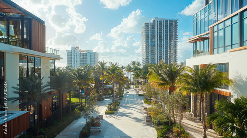 Street in Miami with buildings, hotels, road and palm trees. Vector cartoon tropical landscape with buildings in resort city. Summer cityscape with vintage motel, restaurant and modern skyscrapers