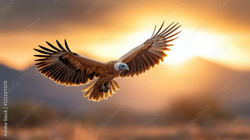 Obraz premium Majestic vulture soaring with wings spread wide against sunset backdrop